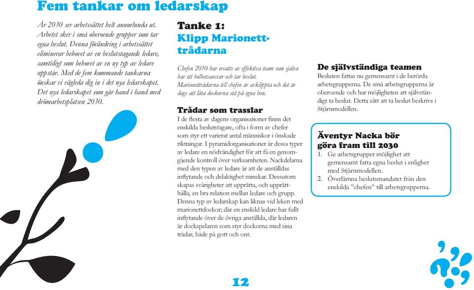 Med de fem kommande tankarna önskar vi vägleda dig in i det nya ledarskapet. Det nya ledarskapet som går hand i hand med drömarbetsplatsen 2030.