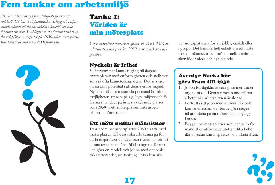 Tanke 1: Världen är min mötesplats Varje människa behöver en grund att stå på. 2010 är arbetsplatsen den grunden. 2030 är människorna den grunden.