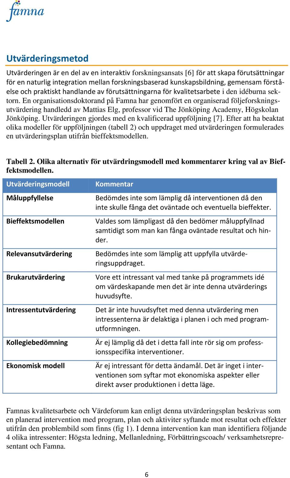 En organisationsdoktorand på Famna har genomfört en organiserad följeforskningsutvärdering handledd av Mattias Elg, professor vid The Jönköping Academy, Högskolan Jönköping.