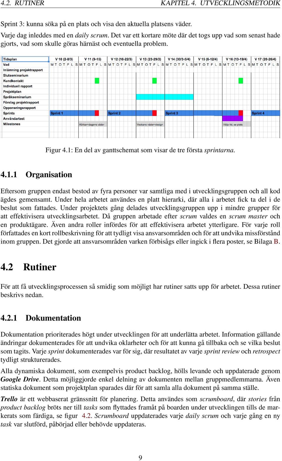 En del av ganttschemat som visar de tre första sprintarna. 4.1.1 Organisation Eftersom gruppen endast bestod av fyra personer var samtliga med i utvecklingsgruppen och all kod ägdes gemensamt.