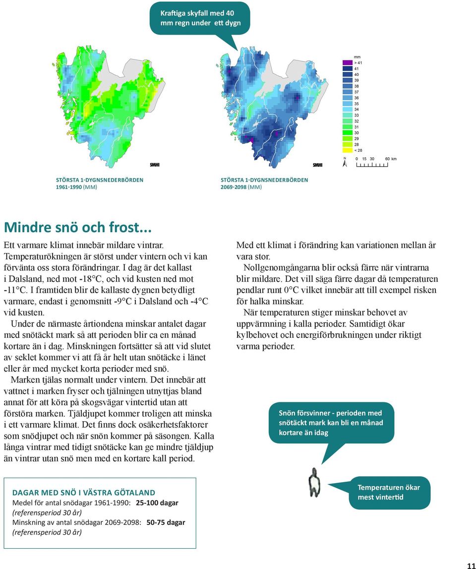 I bilaga 9 visas resultat i form av kartor över beräkningar med klimatindex ant nederbörd > 10 mm som medelvärden för 30-årsperioderna 1961-1990, 2021-2 Ett varmare klimat innebär mildare vintrar.