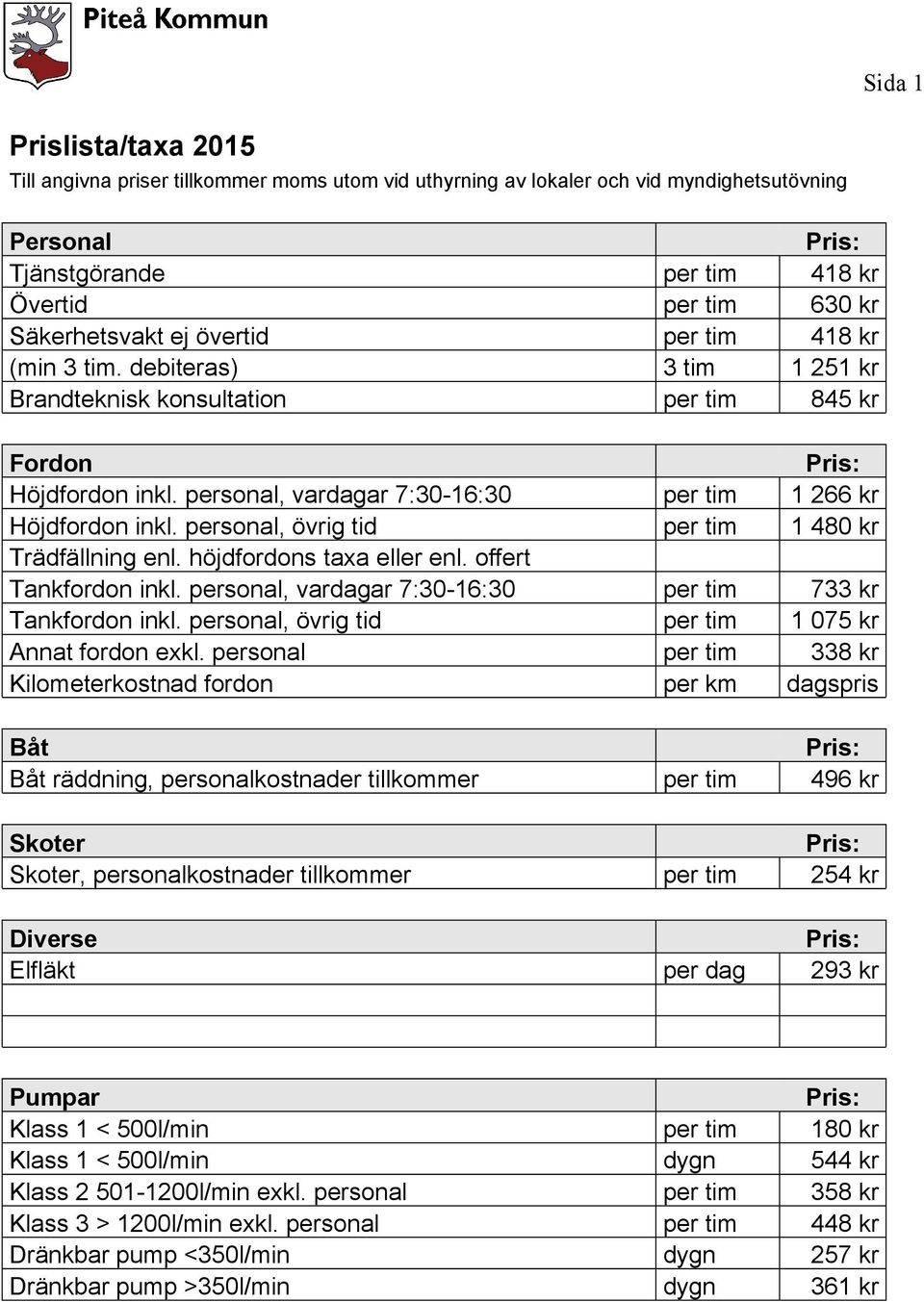 personal, vardagar 7:30-16:30 per tim 1 266 kr Höjdfordon inkl. personal, övrig tid per tim 1 480 kr Trädfällning enl. höjdfordons taxa eller enl. offert Tankfordon inkl.