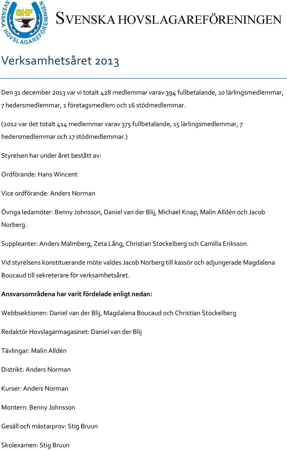 ) Styrelsen har under året bestått av: Ordförande: Hans Wincent Vice ordförande: Anders Norman Övriga ledamöter: Benny Johnsson, Daniel van der Blij, Michael Knap, Malin Alldén och Jacob Norberg.