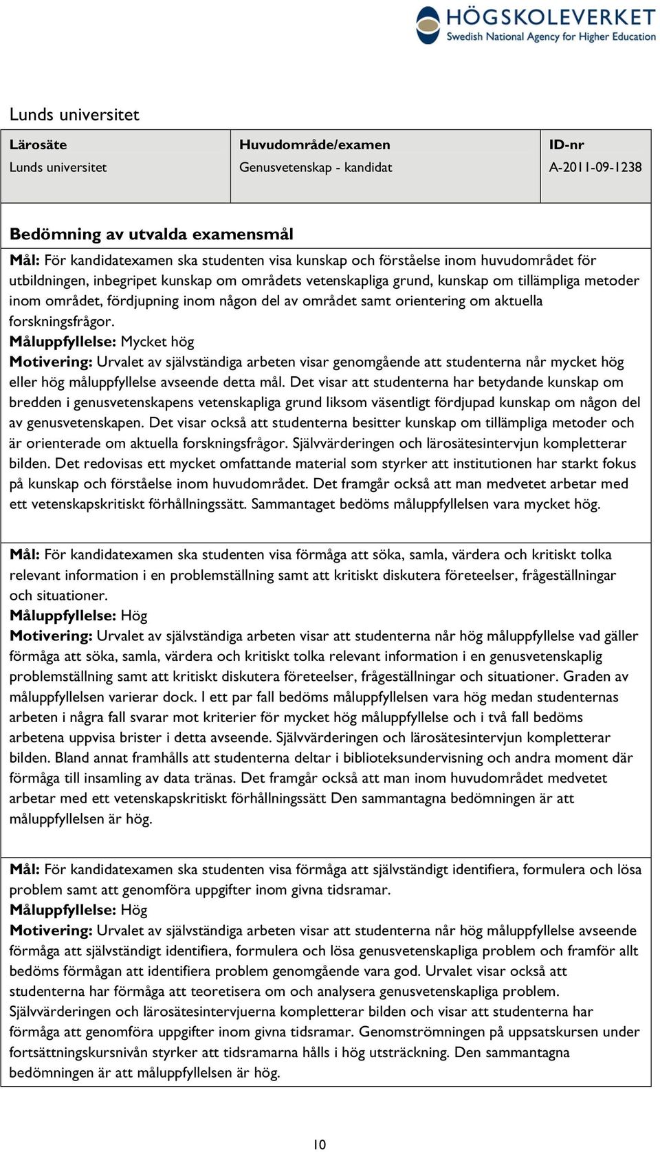 forskningsfrågor. Måluppfyllelse: Mycket hög Motivering: Urvalet av självständiga arbeten visar genomgående att studenterna når mycket hög eller hög måluppfyllelse avseende detta mål.