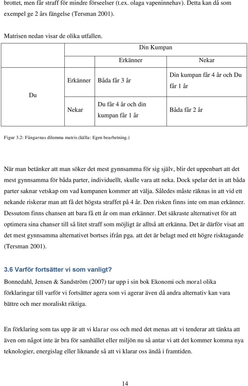 (källa: Egen bearbetning.) När man betänker att man söker det mest gynnsamma för sig själv, blir det uppenbart att det mest gynnsamma för båda parter, individuellt, skulle vara att neka.