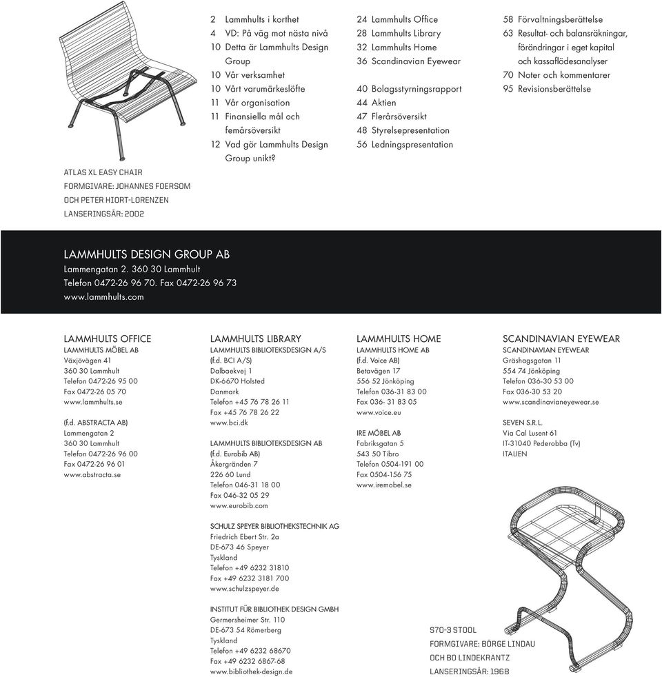 11 Vår organisation 44 Aktien 11 Finansiella mål och 47 Flerårsöversikt femårsöversikt 48 Styrelsepresentation 12 Vad gör Lammhults Design 56 Ledningspresentation Group unikt?