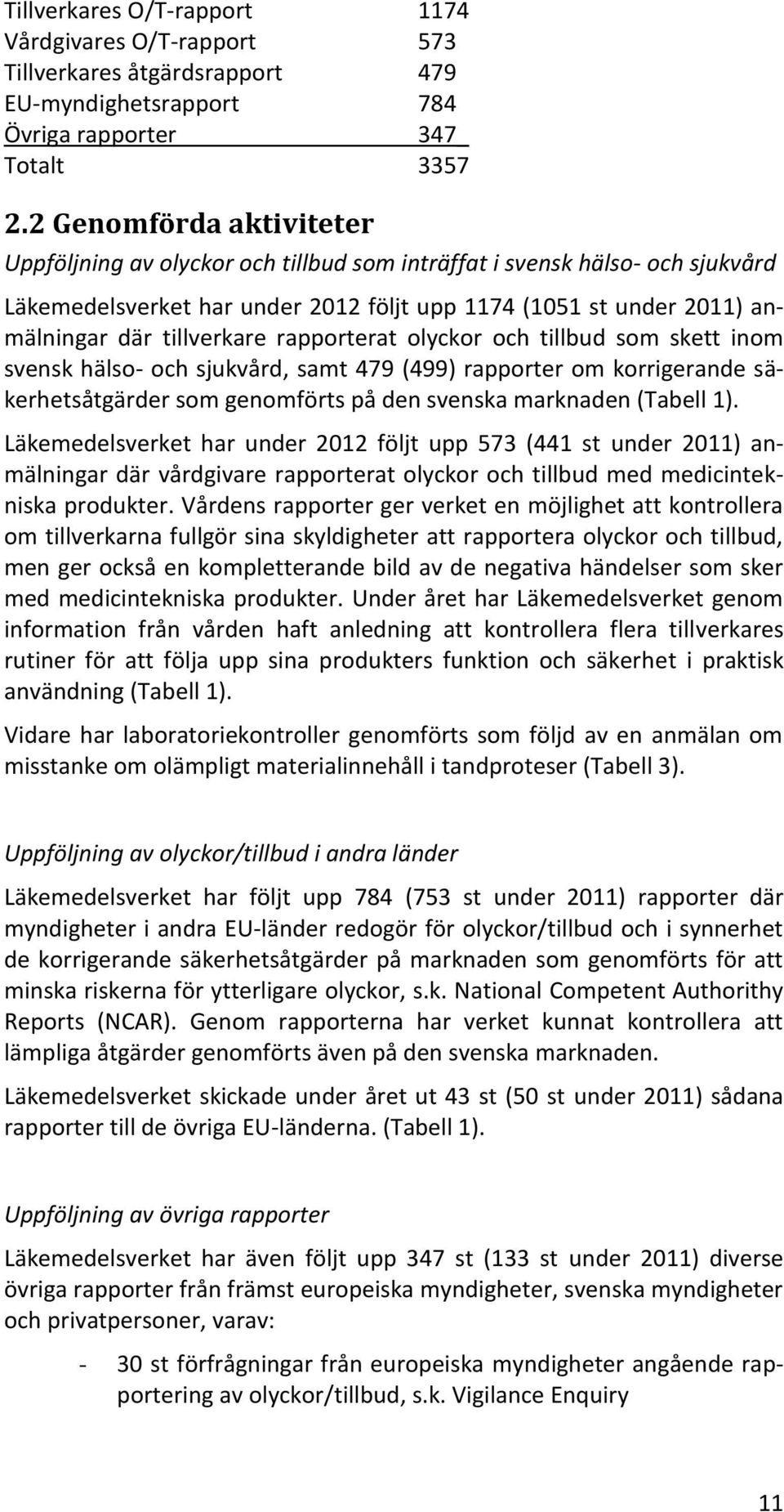 rapporterat olyckor och tillbud som skett inom svensk hälso- och sjukvård, samt 479 (499) rapporter om korrigerande säkerhetsåtgärder som genomförts på den svenska marknaden (Tabell 1).