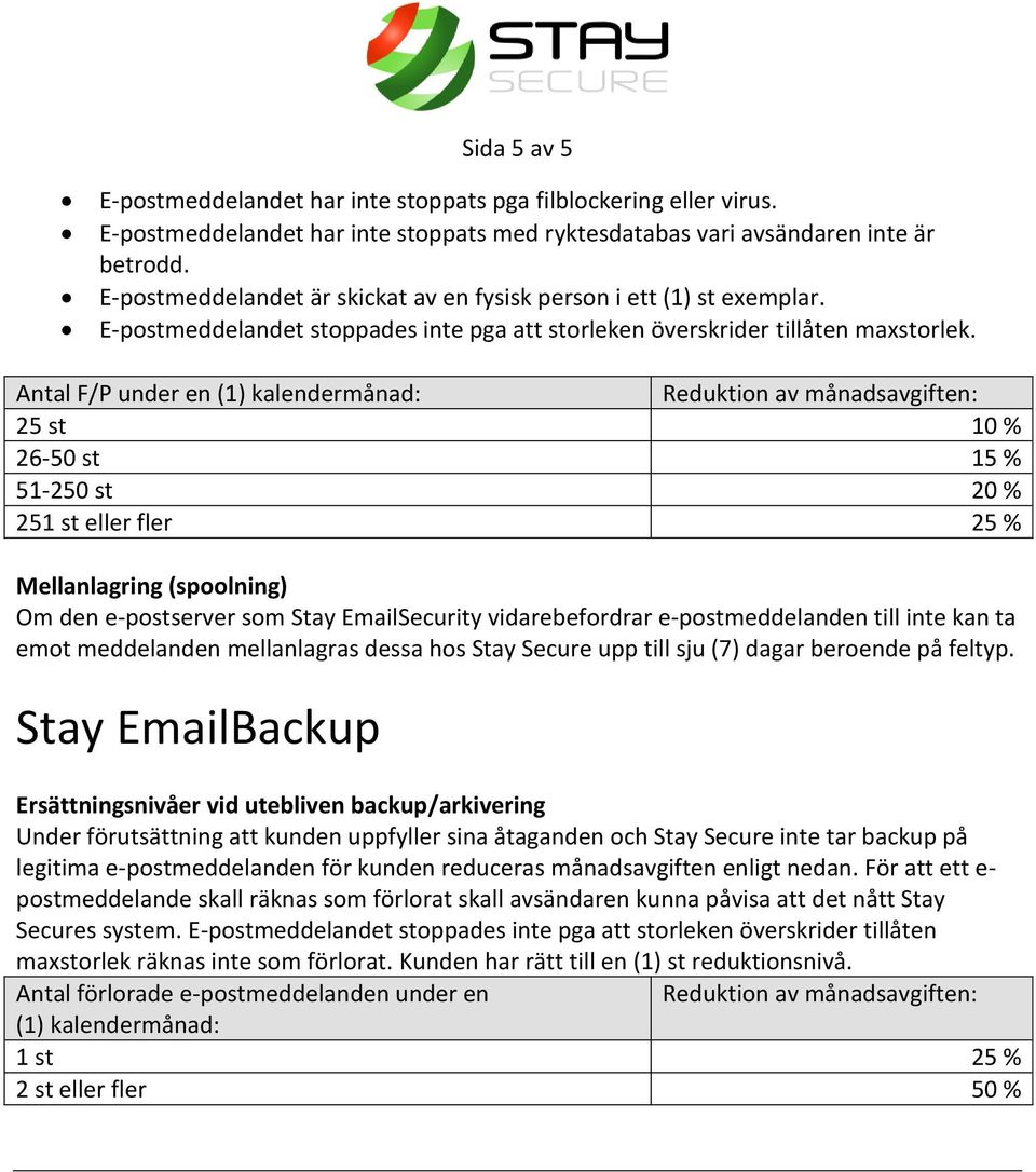 Antal F/P under en (1) kalendermånad: 25 st 10 % 26-50 st 15 % 51-250 st 20 % 251 st eller fler 25 % Mellanlagring (spoolning) Om den e-postserver som Stay EmailSecurity vidarebefordrar