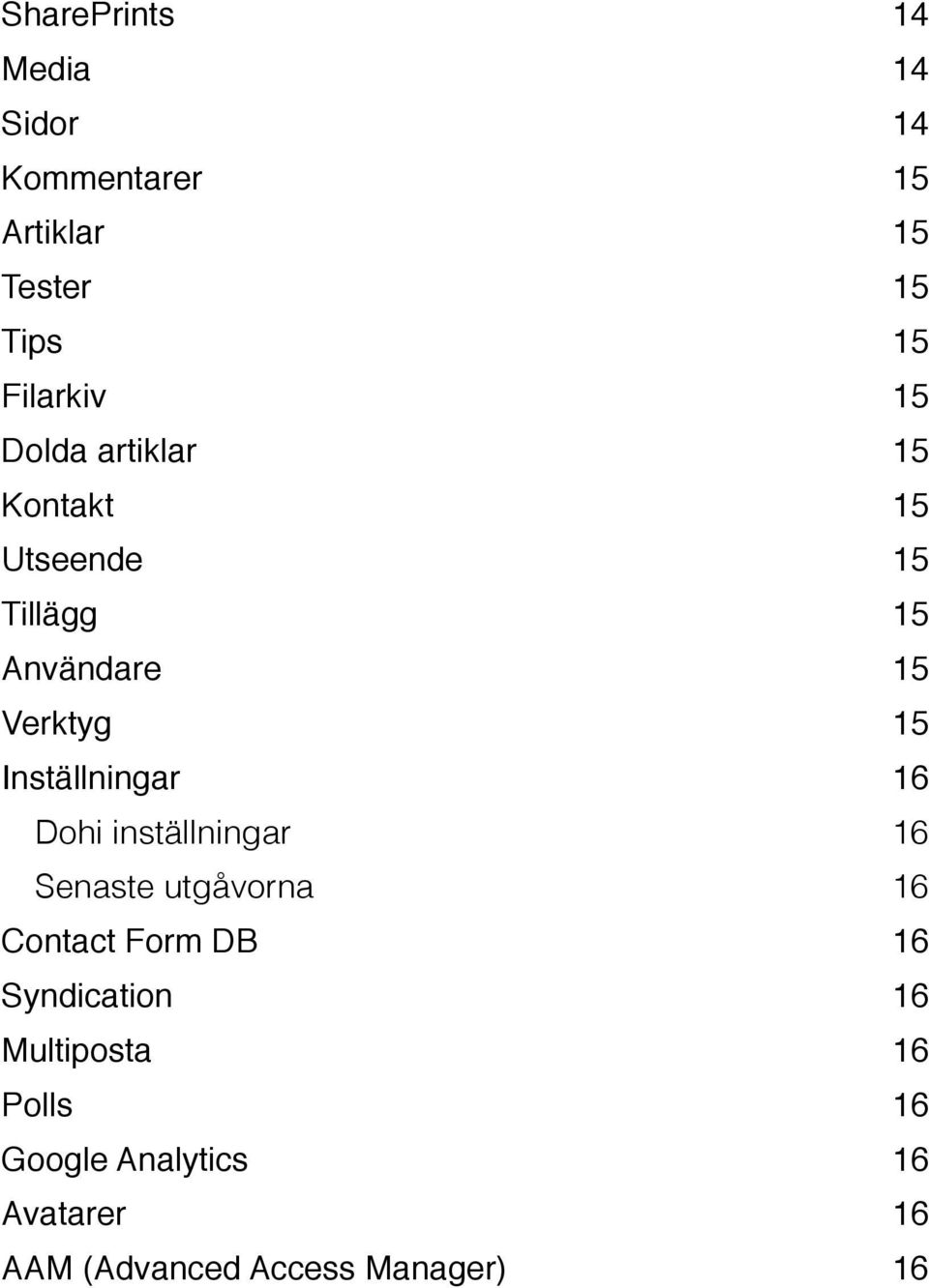 Inställningar 16 Dohi inställningar 16 Senaste utgåvorna 16 Contact Form DB 16