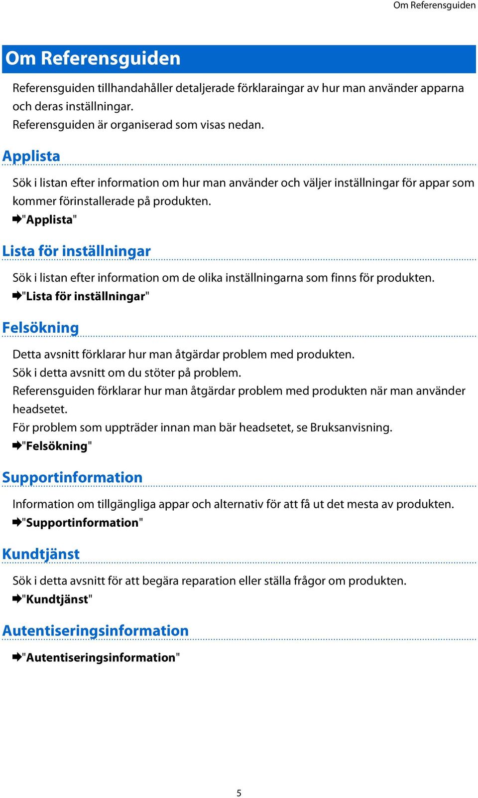 "Applista" Lista för inställningar Sök i listan efter information om de olika inställningarna som finns för produkten.