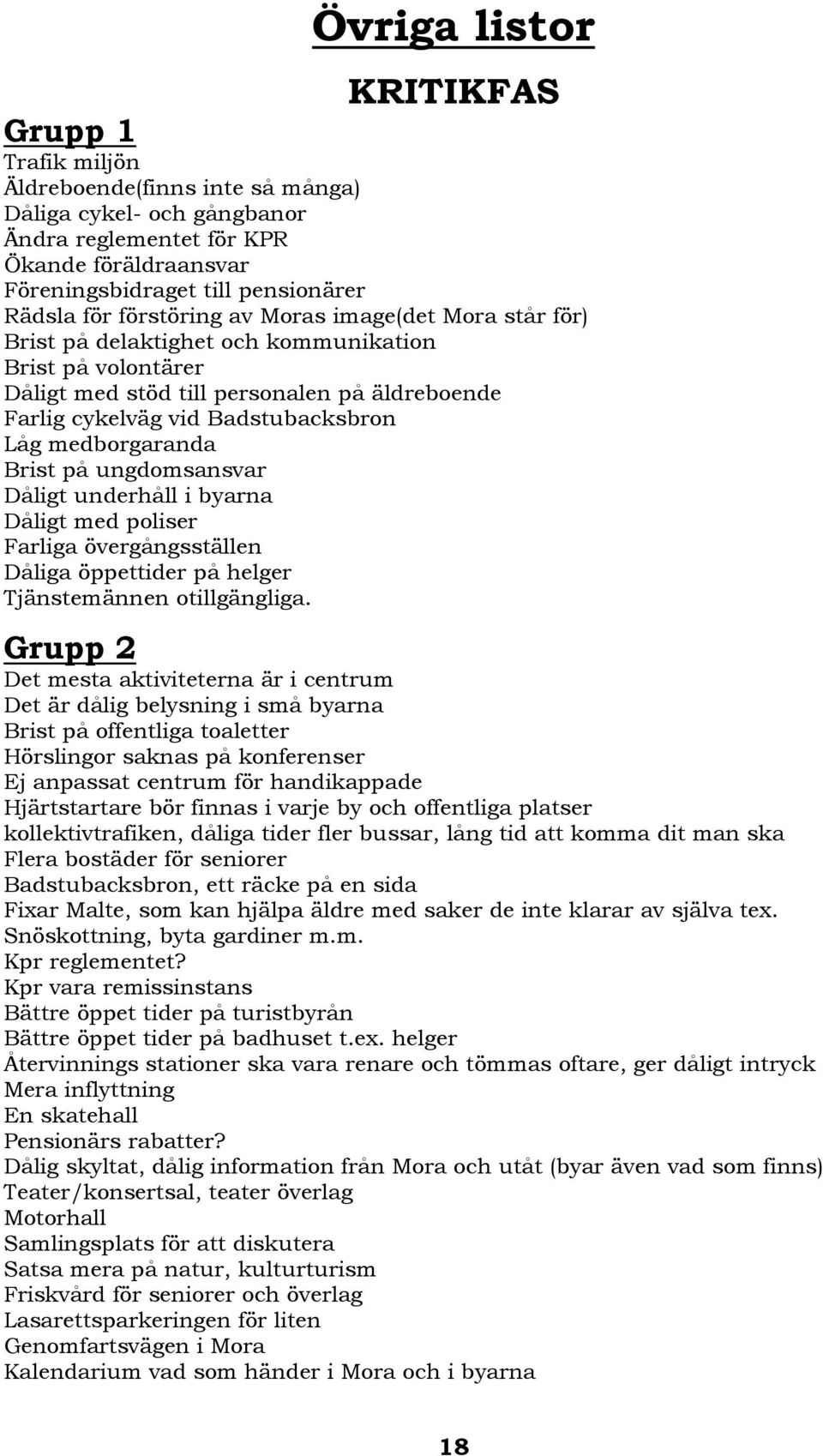 medborgaranda Brist på ungdomsansvar Dåligt underhåll i byarna Dåligt med poliser Farliga övergångsställen Dåliga öppettider på helger Tjänstemännen otillgängliga.