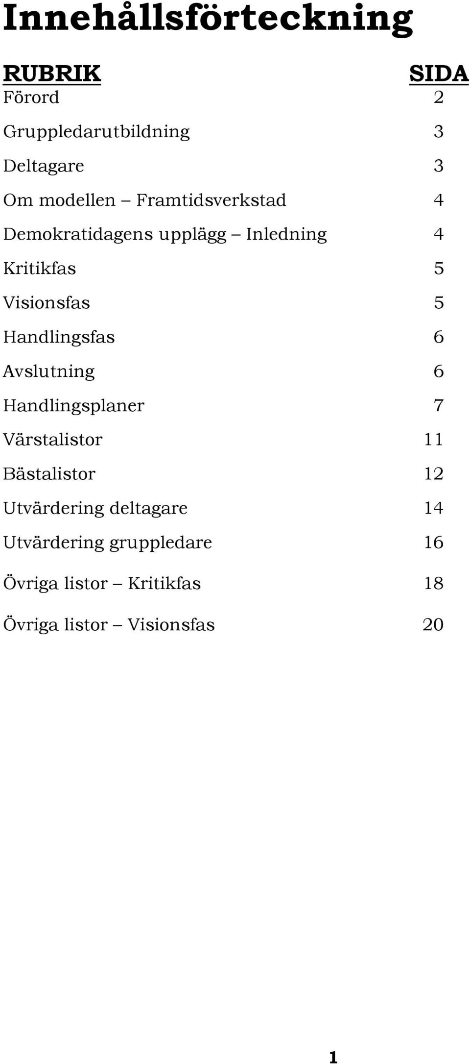 Handlingsfas 6 Avslutning 6 Handlingsplaner 7 Värstalistor 11 Bästalistor 12 Utvärdering