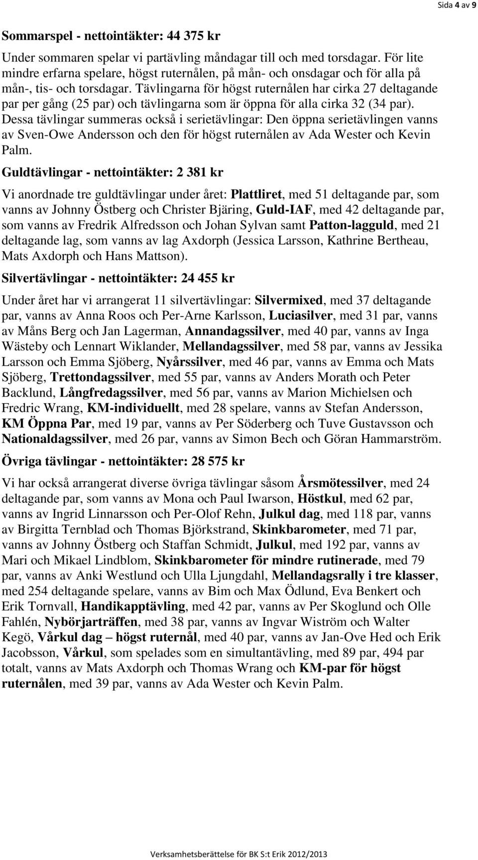 Tävlingarna för högst ruternålen har cirka 27 deltagande par per gång (25 par) och tävlingarna som är öppna för alla cirka 32 (34 par).