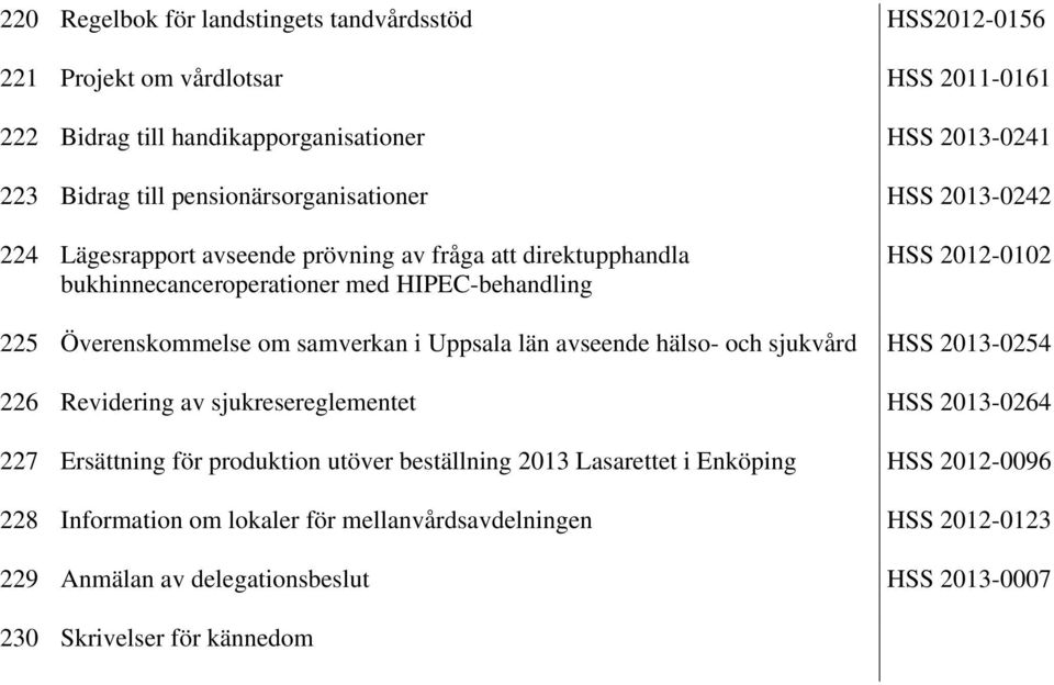 Överenskommelse om samverkan i Uppsala län avseende hälso- och sjukvård HSS 2013-0254 226 Revidering av sjukresereglementet HSS 2013-0264 227 Ersättning för produktion utöver