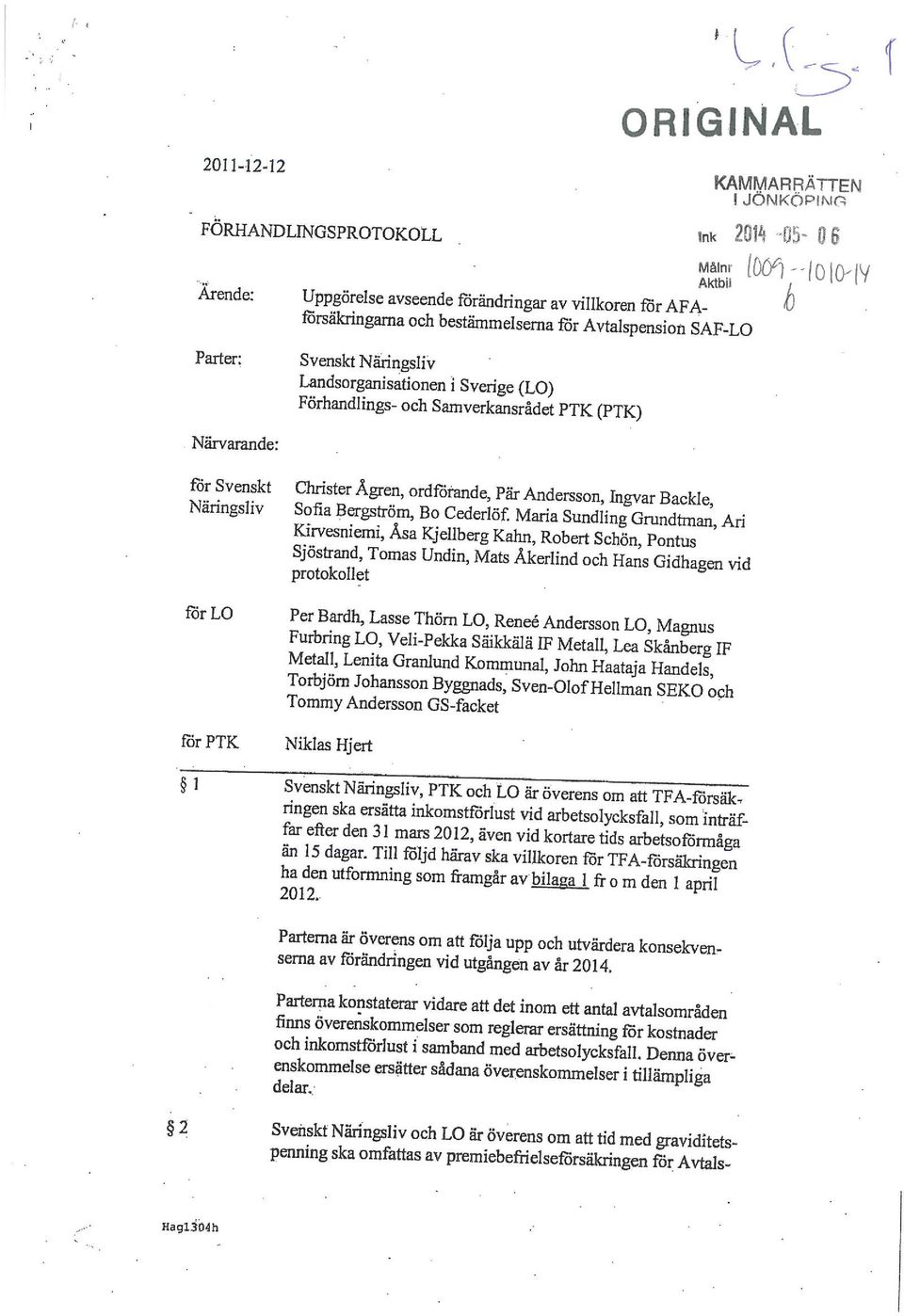 -li-iv Aktbi» Parter: Svenskt Näringsliv Landsrganisatinen i Sverige (LO) Förhandlings- ch Samverkansrådet PTK (PTK) Närvarande: för Svenskt Christer Ågren, rdförande, Pär Anderssn, Jhgvar Backle,