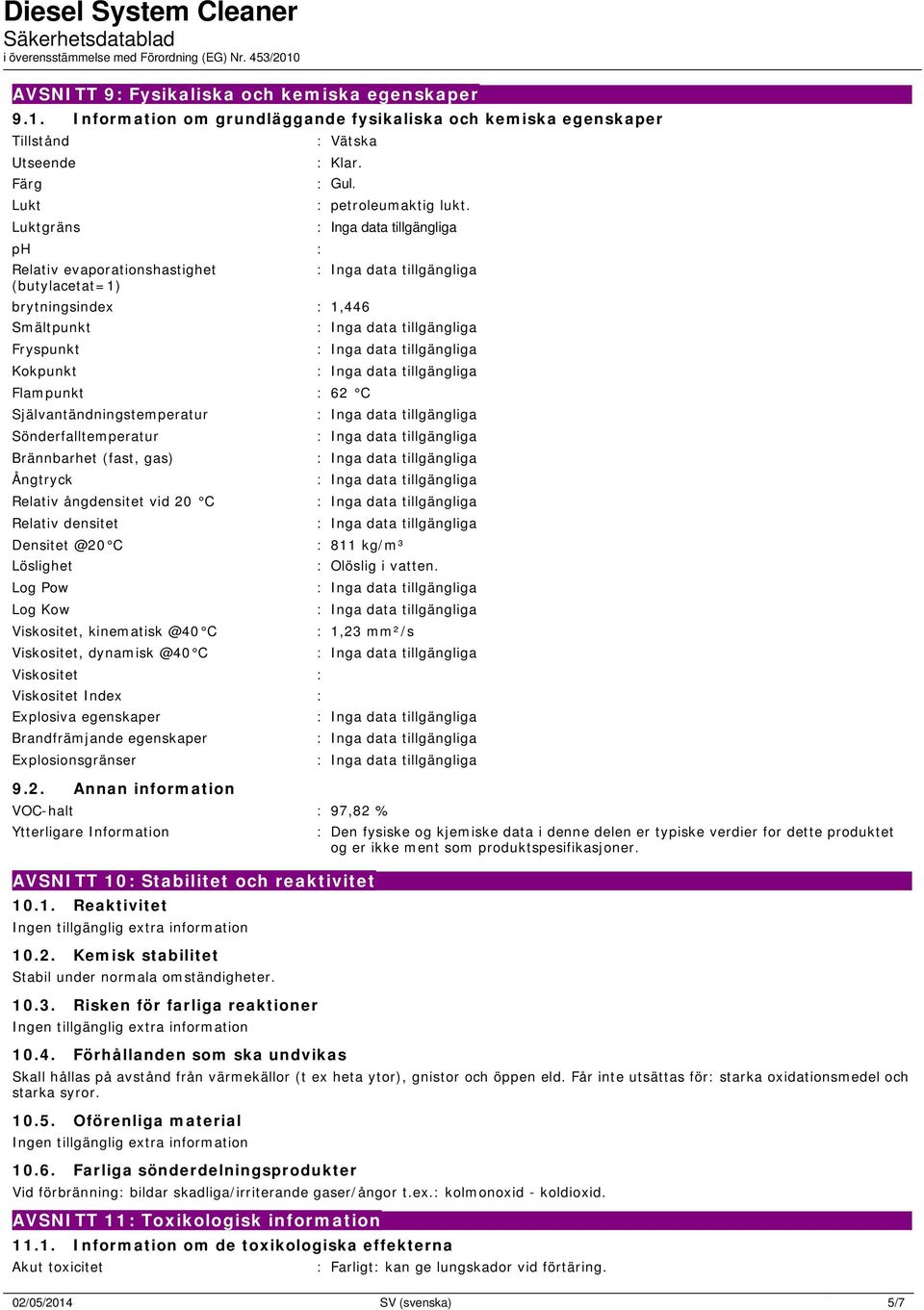 brytningsindex : 1,446 Smältpunkt Fryspunkt Kokpunkt Flampunkt : 62 C Självantändningstemperatur Sönderfalltemperatur Brännbarhet (fast, gas) Ångtryck Relativ ångdensitet vid 20 C Relativ densitet