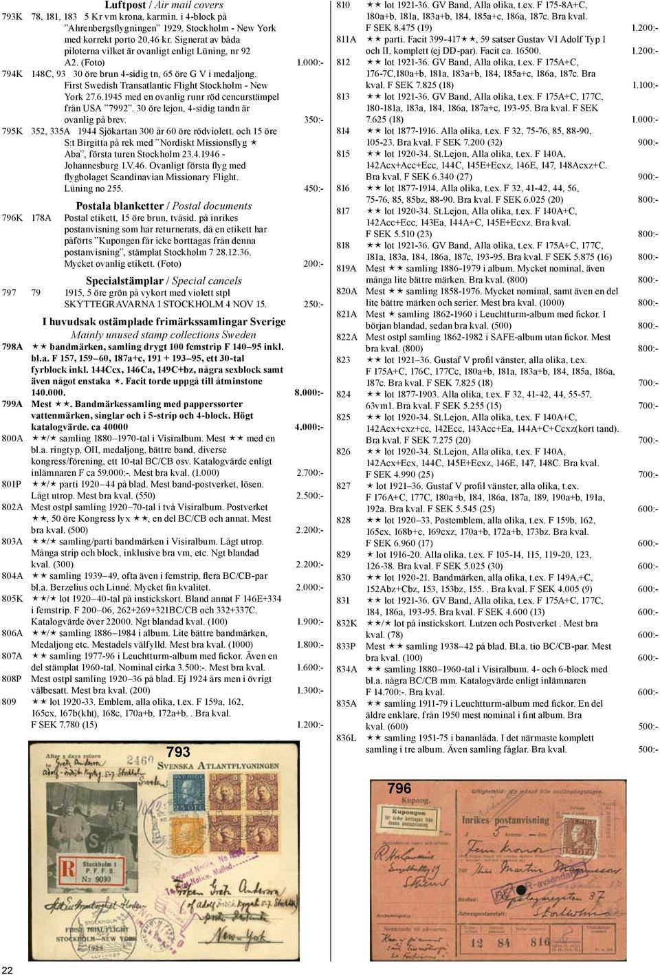 First Swedish Transatlantic Flight Stockholm - New York 27.6.1945 med en ovanlig runr röd cencurstämpel från USA 7992. 30 öre lejon, 4-sidig tandn är ovanlig på brev.