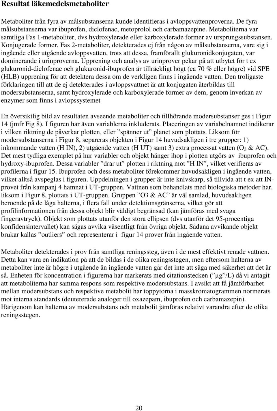 Konjugerade former, Fas 2-metaboliter, detekterades ej från någon av målsubstanserna, vare sig i ingående eller utgående avloppsvatten, trots att dessa, framförallt glukuronidkonjugaten, var