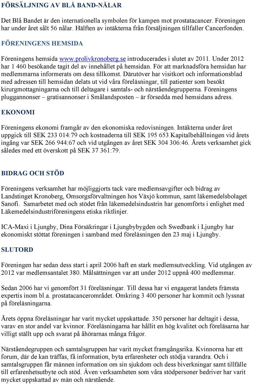 Under 2012 har 1 460 besökande tagit del av innehållet på hemsidan. För att marknadsföra hemsidan har medlemmarna informerats om dess tillkomst.