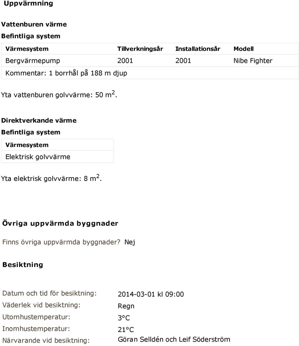 Direktverkande värme Befintliga system Värmesystem Elektrisk golvvärme Yta elektrisk golvvärme: 8 m 2.