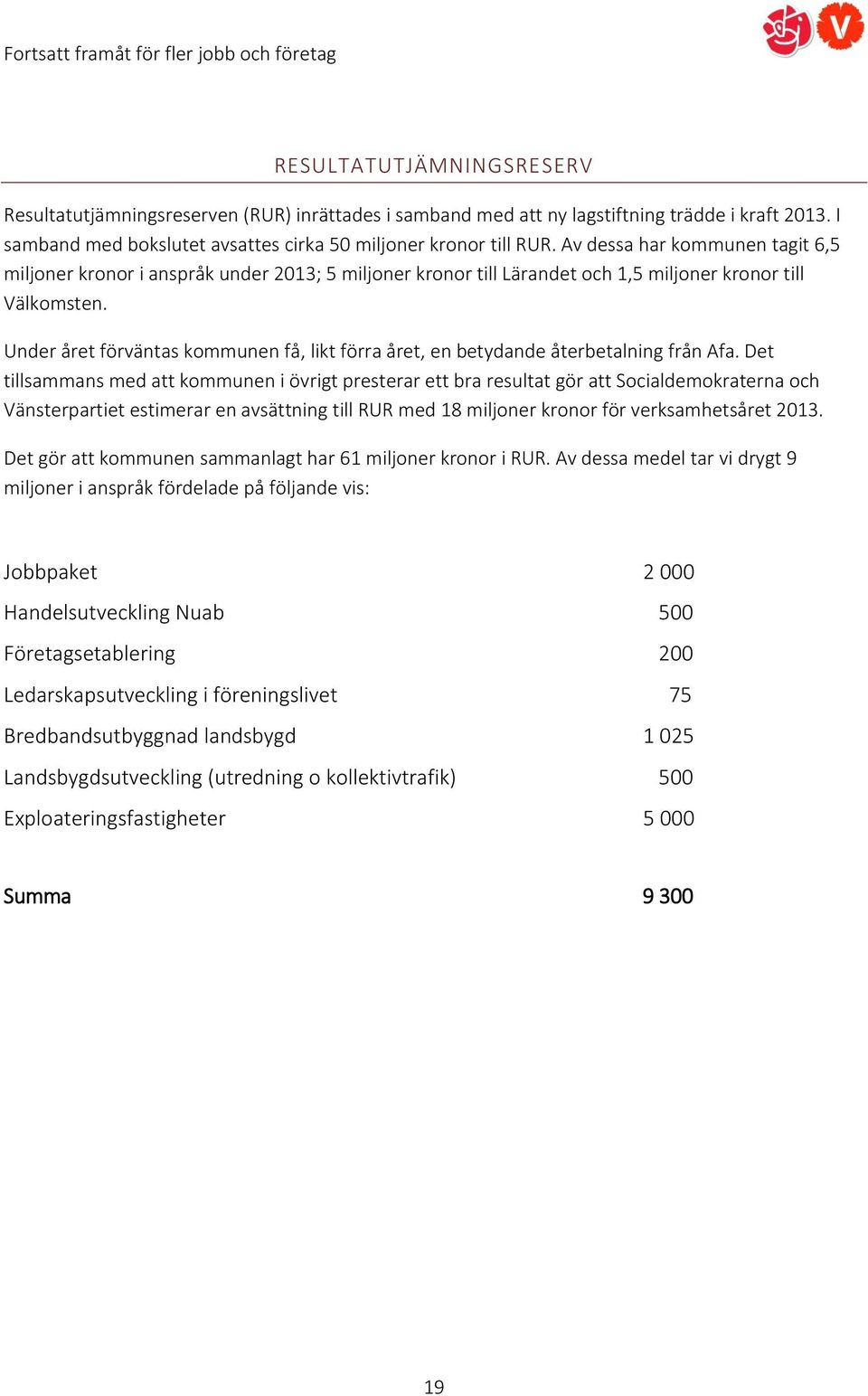 Under året förväntas kommunen få, likt förra året, en betydande återbetalning från Afa.