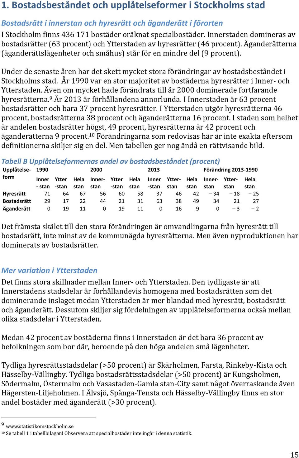 Under de senaste åren har det skett mycket stora förändringar av bostadsbeståndet i Stockholms stad. År 1990 var en stor majoritet av bostäderna hyresrätter i Inner- och Ytterstaden.