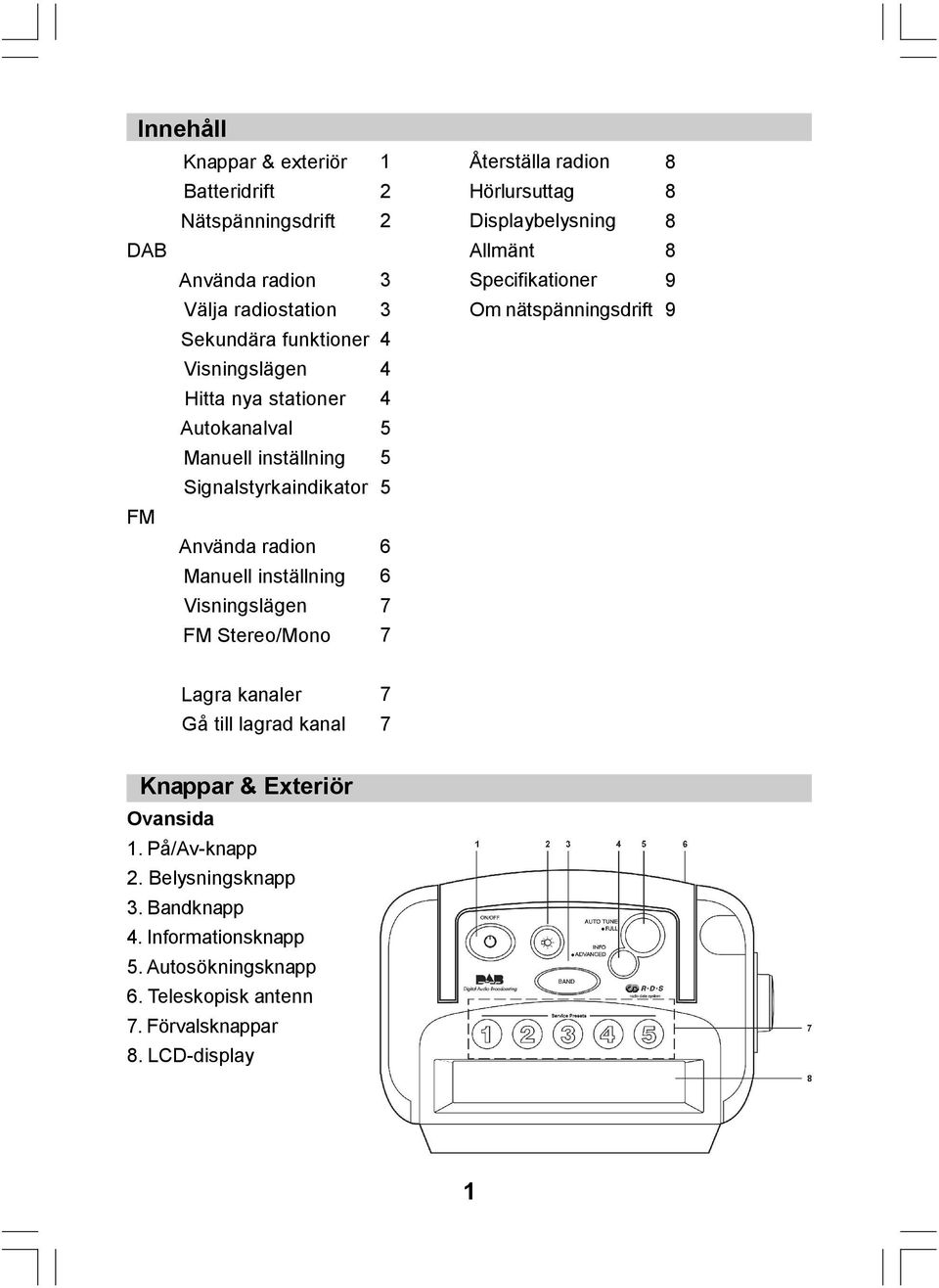 inställning 5 Signalstyrkaindikator 5 FM Använda radion 6 Manuell inställning 6 Visningslägen 7 FM Stereo/Mono 7 Lagra kanaler 7 Gå till lagrad kanal 7