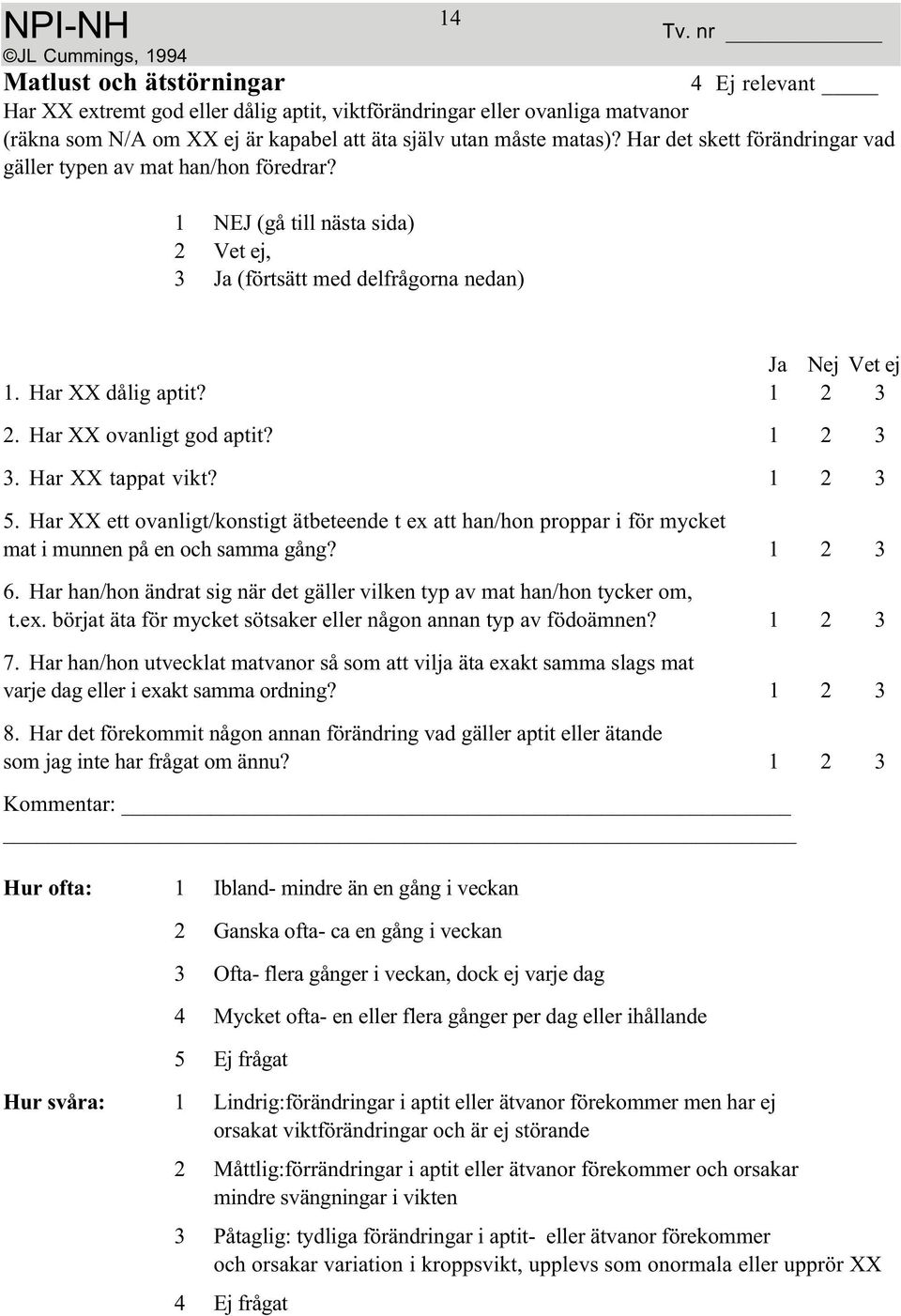 Har XX ett ovanligt/konstigt ätbeteende t ex att han/hon proppar i för mycket mat i munnen på en och samma gång? 1 23 6. Har han/hon ändrat sig när det gäller vilken typ av mat han/hon tycker om, t.