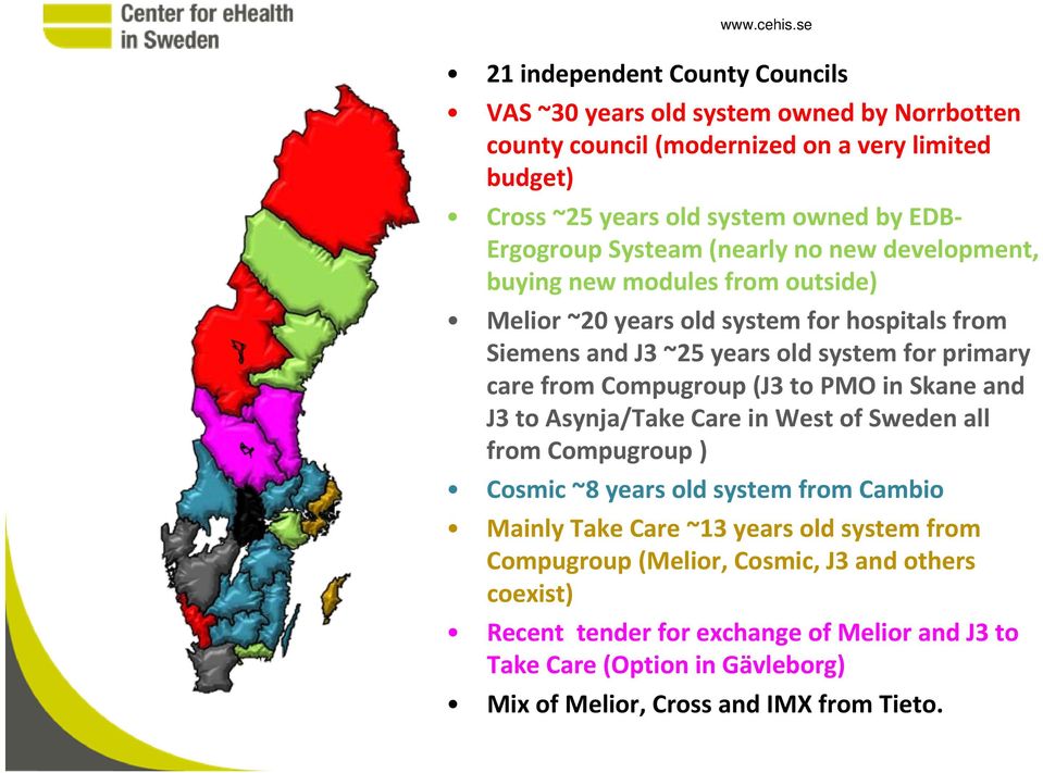 Ergogroup Systeam (nearly no new development, buying new modules from outside) Melior ~20 years old system for hospitals from Siemens and J3 ~25 years old system for primary care