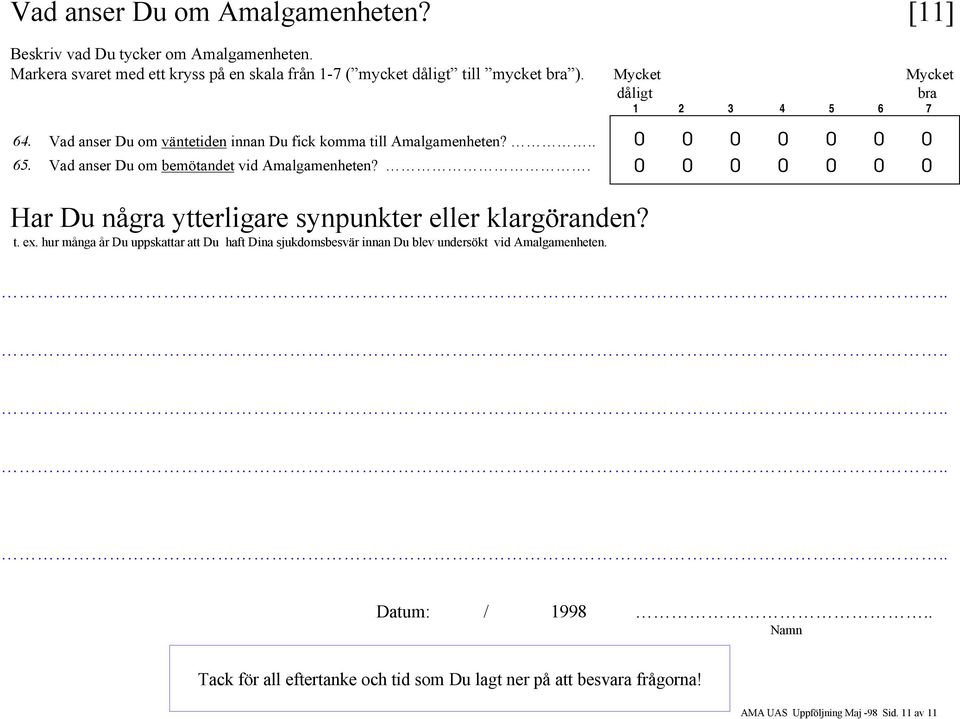 Vad anser Du om väntetiden innan Du fick komma till Amalgamenheten?.. 65. Vad anser Du om bemötandet vid Amalgamenheten?