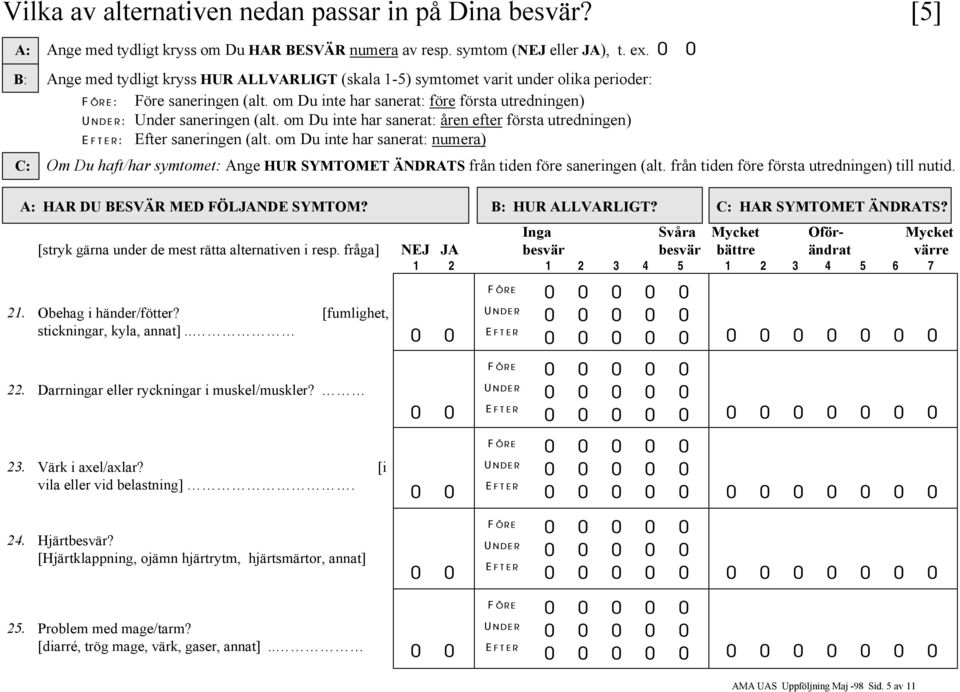 Obehag i händer/fötter? [fumlighet, stickningar, kyla, annat].. 22. Darrningar eller ryckningar i muskel/muskler? 23. Värk i axel/axlar?