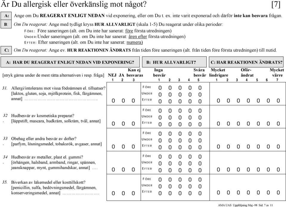 HUR REAKTIONEN ÄNDRATS från tiden före saneringen (alt. från tiden före första utredningen) till nutid. A: HAR DU REAGERAT ENLIGT NEDAN VID EXPONERING? B: HUR ALLVARLIGT? C: HAR REAKTIONEN ÄNDRATS?