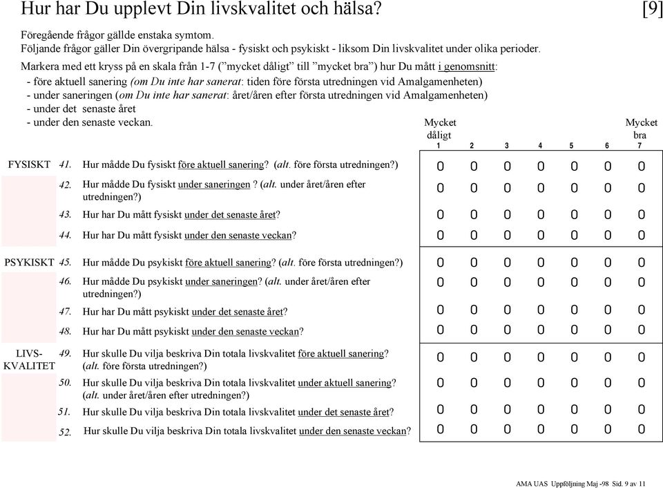 Markera med ett kryss på en skala från 1-7 ( mycket dåligt till mycket bra ) hur Du mått i genomsnitt: - före aktuell sanering (om Du inte har sanerat: tiden före första utredningen vid