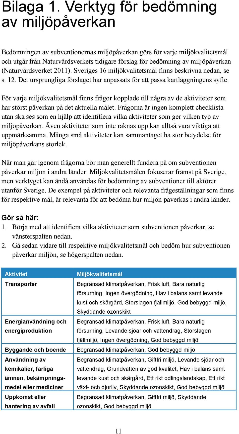 (Naturvårdsverket 2011). Sveriges 16 miljökvalitetsmål finns beskrivna nedan, se s. 12. Det ursprungliga förslaget har anpassats för att passa kartläggningens syfte.