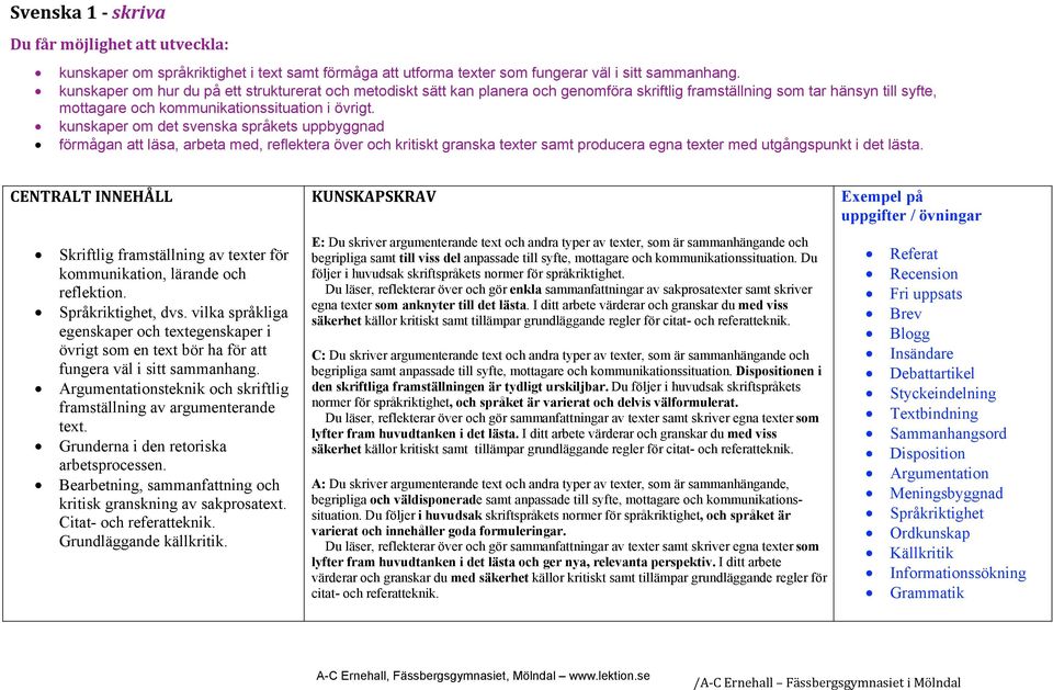 kunskaper om det svenska språkets uppbyggnad förmågan att läsa, arbeta med, reflektera över och kritiskt granska texter samt producera egna texter med utgångspunkt i det lästa.