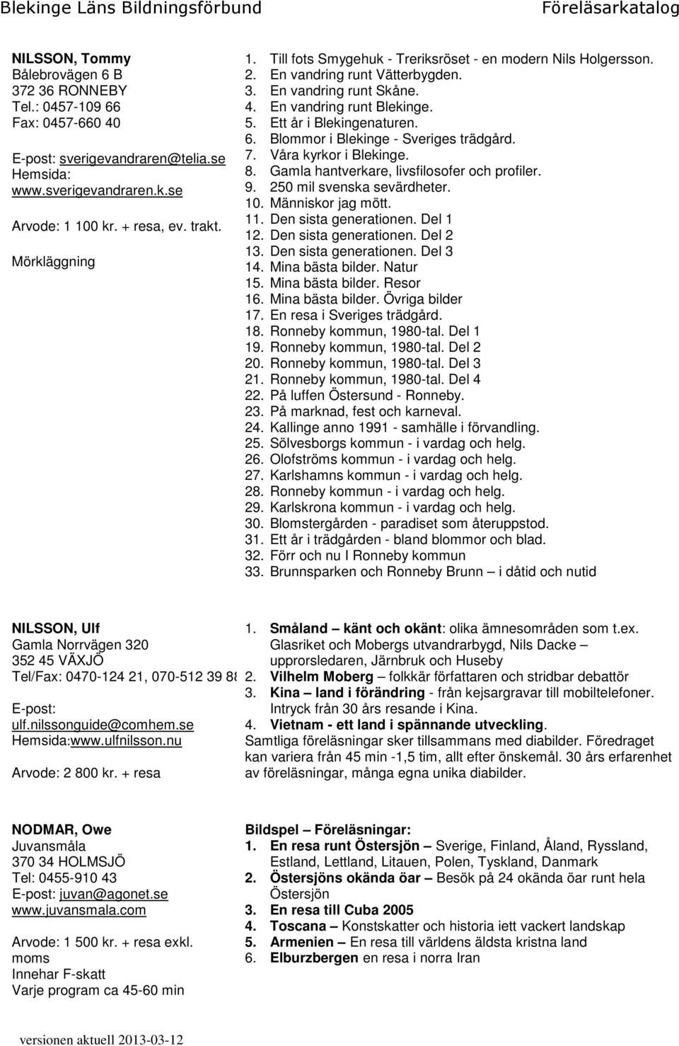 Blommor i Blekinge - Sveriges trädgård. 7. Våra kyrkor i Blekinge. 8. Gamla hantverkare, livsfilosofer och profiler. 9. 250 mil svenska sevärdheter. 10. Människor jag mött. 11. Den sista generationen.