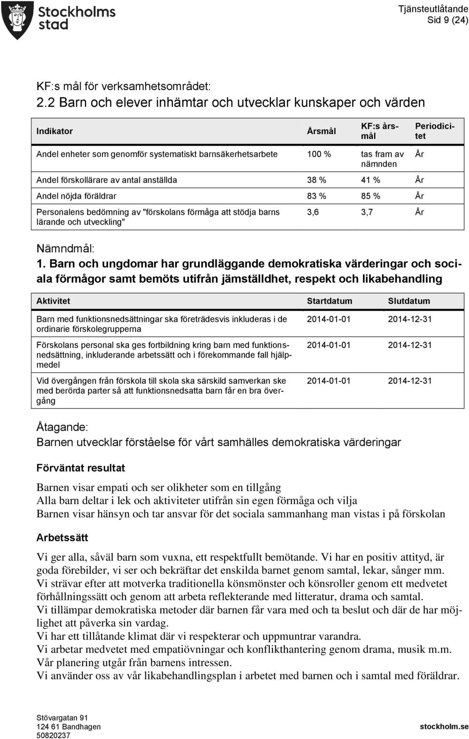 förskollärare av antal anställda 38 % 41 % År Andel nöjda föräldrar 83 % 85 % År Personalens bedömning av "förskolans förmåga att stödja barns lärande och utveckling" 3,6 3,7 År 1.