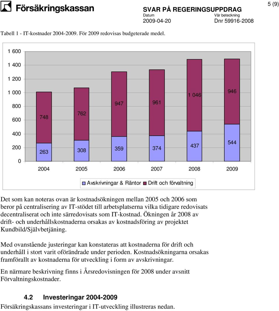 kostnadsökningen mellan 2005 och 2006 som beror på centralisering av IT-stödet till arbetsplatserna vilka tidigare redovisats decentraliserat och inte särredovisats som IT-kostnad.