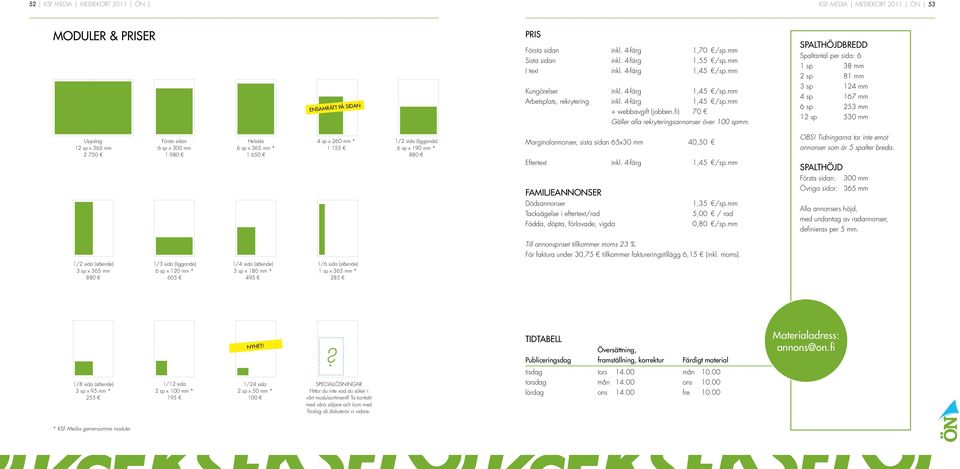 SPALTHÖJDBREDD Spaltantal per sida: 6 1 sp 38 mm 2 sp 81 mm 3 sp 124 mm 4 sp 167 mm 6 sp 253 mm 12 sp 530 mm Uppslag 12 sp x 365 mm 2 750 Första sidan 6 sp x 300 mm 1 980 Helsida 6 sp x 365 mm * 1