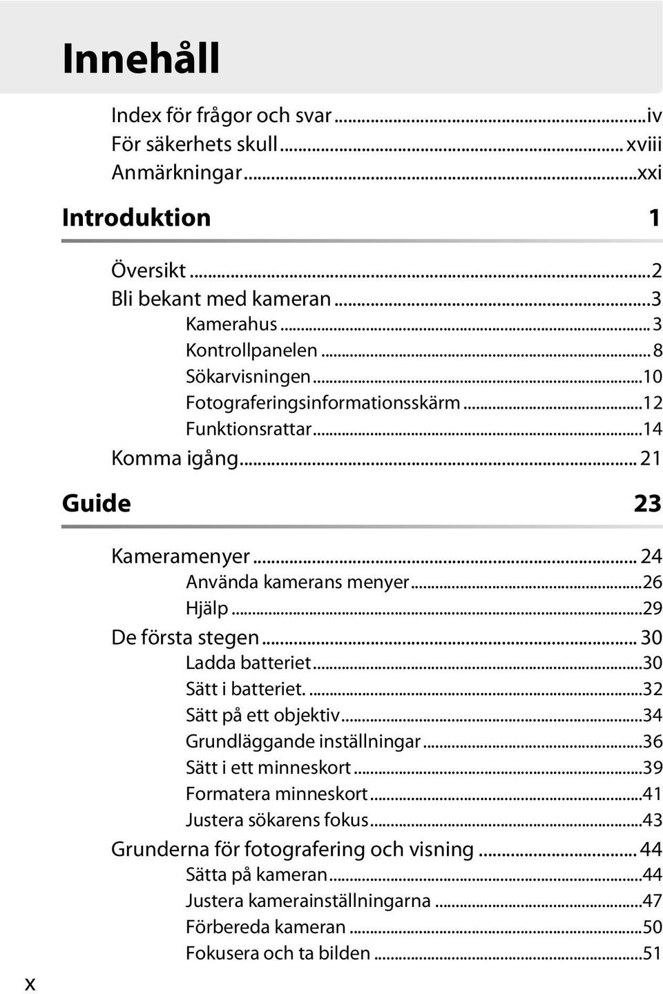 ..29 De första stegen... 30 Ladda batteriet...30 Sätt i batteriet....32 Sätt på ett objektiv...34 Grundläggande inställningar...36 Sätt i ett minneskort...39 Formatera minneskort.