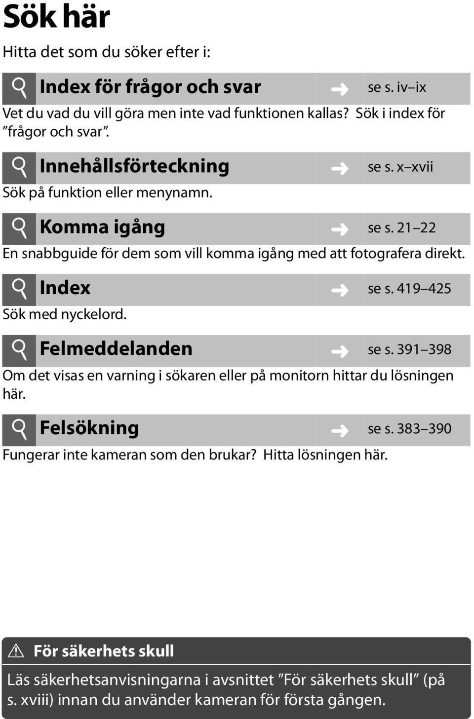 i Index Sök med nyckelord. se s. 419 425 i Felmeddelanden se s. 391 398 Om det visas en varning i sökaren eller på monitorn hittar du lösningen här. i Felsökning se s.