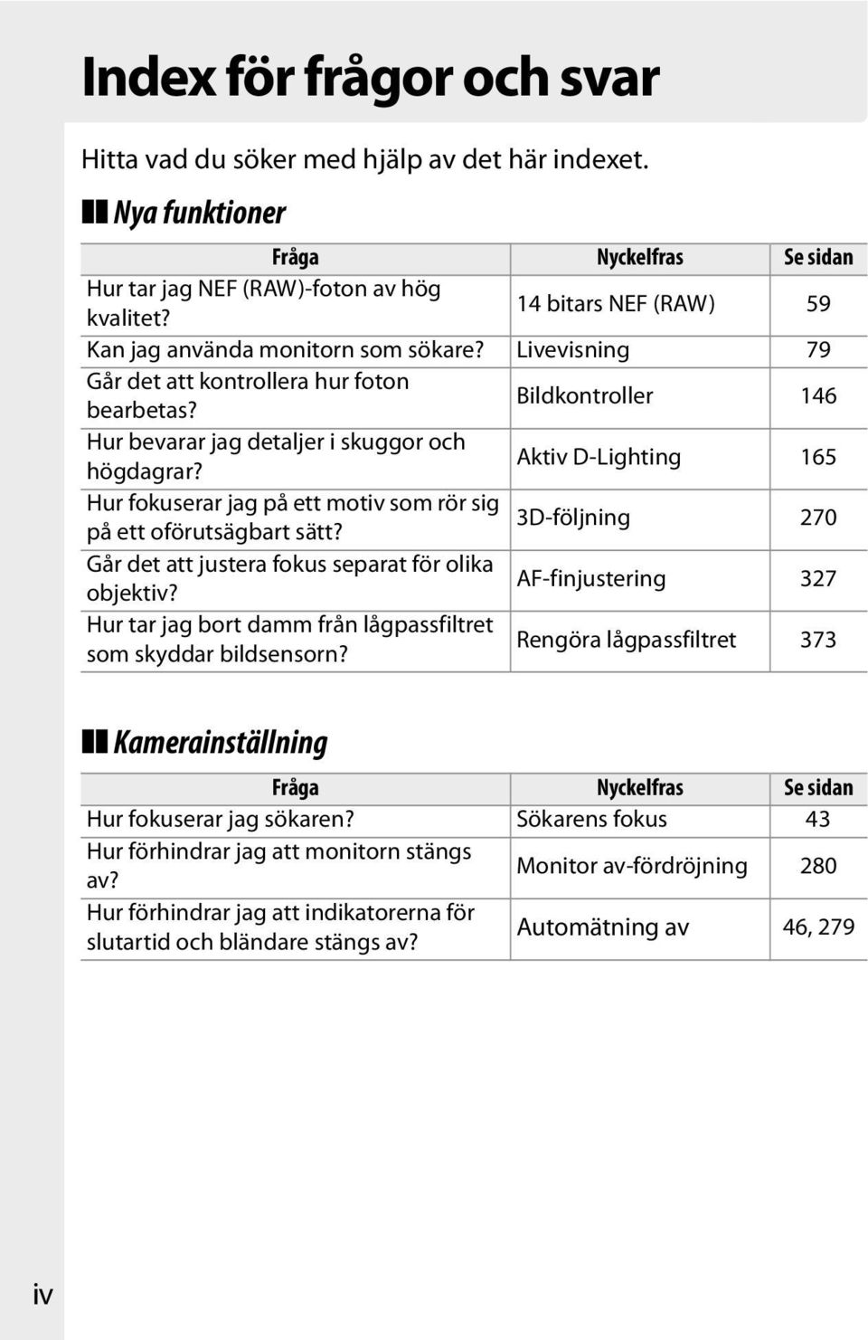 Aktiv D-Lighting 165 Hur fokuserar jag på ett motiv som rör sig på ett oförutsägbart sätt? 3D-följning 270 Går det att justera fokus separat för olika objektiv?