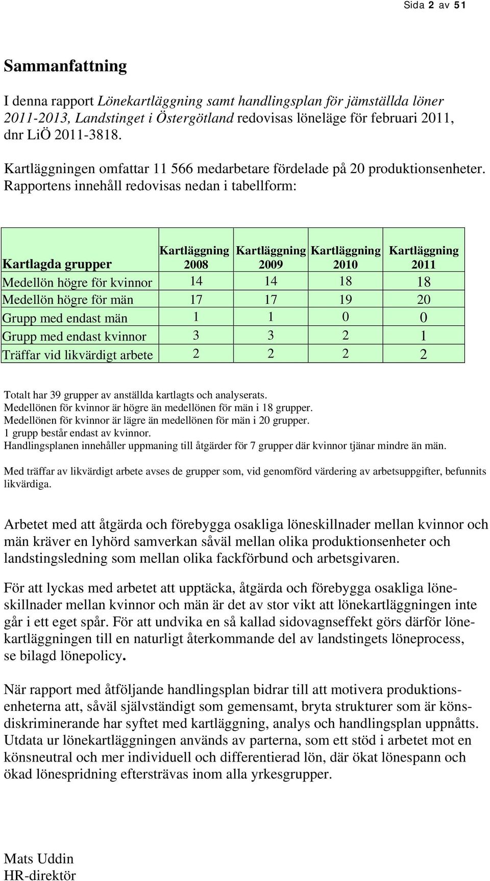 Rapportens innehåll redovisas nedan i tabellform: Kartläggning 2008 Kartläggning 2009 Kartläggning 2010 Kartläggning 2011 Kartlagda grupper Medellön högre för kvinnor 14 14 18 18 Medellön högre för