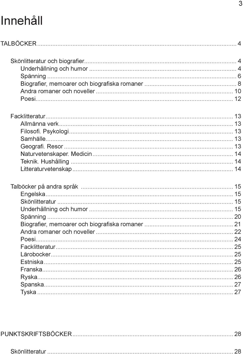 .. 14 Litteraturvetenskap... 14 Talböcker på andra språk... 15 Engelska... 15 Skönlitteratur... 15 Underhållning och humor... 15 Spänning.