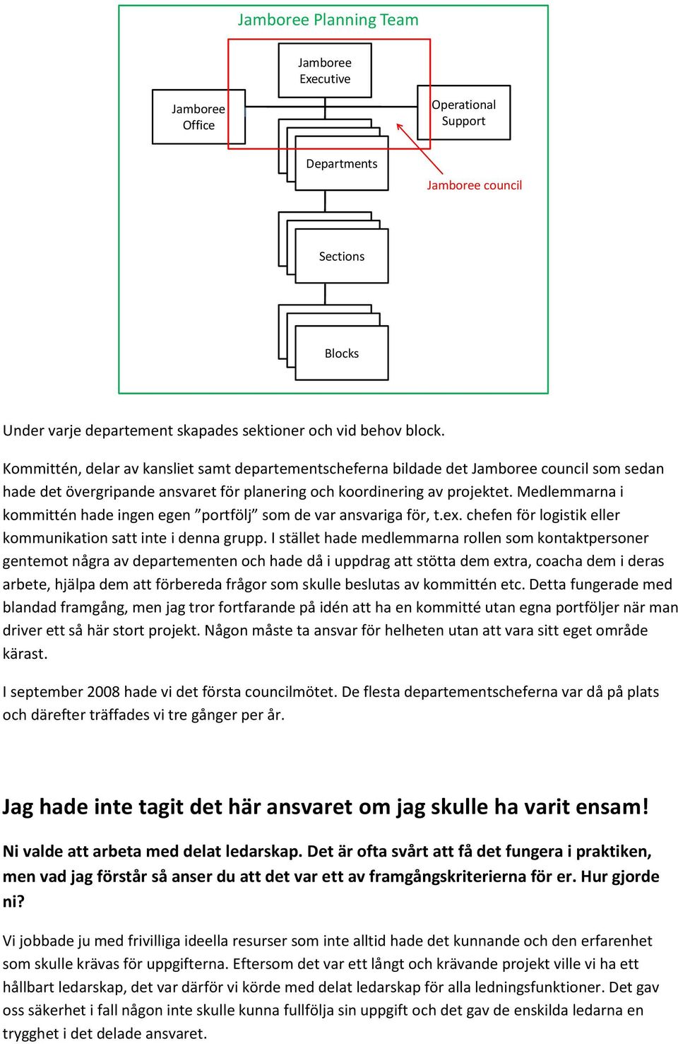 Kommittén, delar av kansliet samt departementscheferna bildade det Jamboree council som sedan hade det övergripande ansvaret för planering och koordinering av projektet.