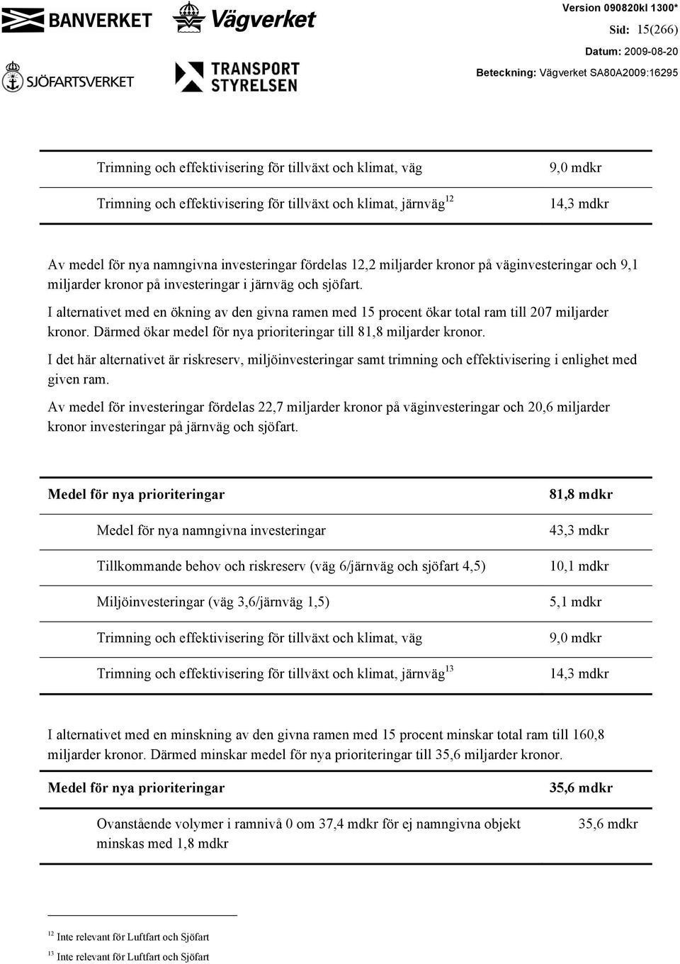 I alternativet med en ökning av den givna ramen med 15 procent ökar total ram till 207 miljarder kronor. Därmed ökar medel för nya prioriteringar till 81,8 miljarder kronor.