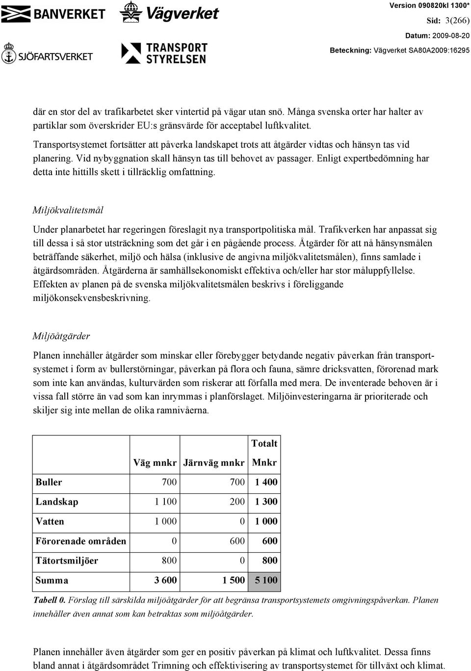 Enligt expertbedömning har detta inte hittills skett i tillräcklig omfattning. Miljökvalitetsmål Under planarbetet har regeringen föreslagit nya transportpolitiska mål.