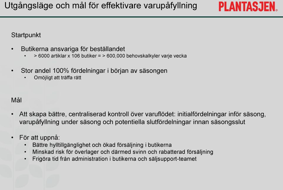 initialfördelningar inför säsong, varupåfyllning under säsong och potentiella slutfördelningar innan säsongsslut För att uppnå: Bättre hylltillgänglighet och