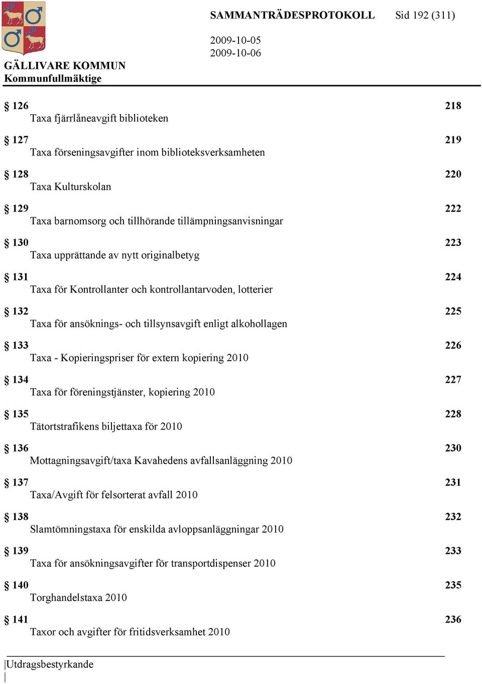 enligt alkohollagen 133 226 Taxa - Kopieringspriser för extern kopiering 2010 134 227 Taxa för föreningstjänster, kopiering 2010 135 228 Tätortstrafikens biljettaxa för 2010 136 230