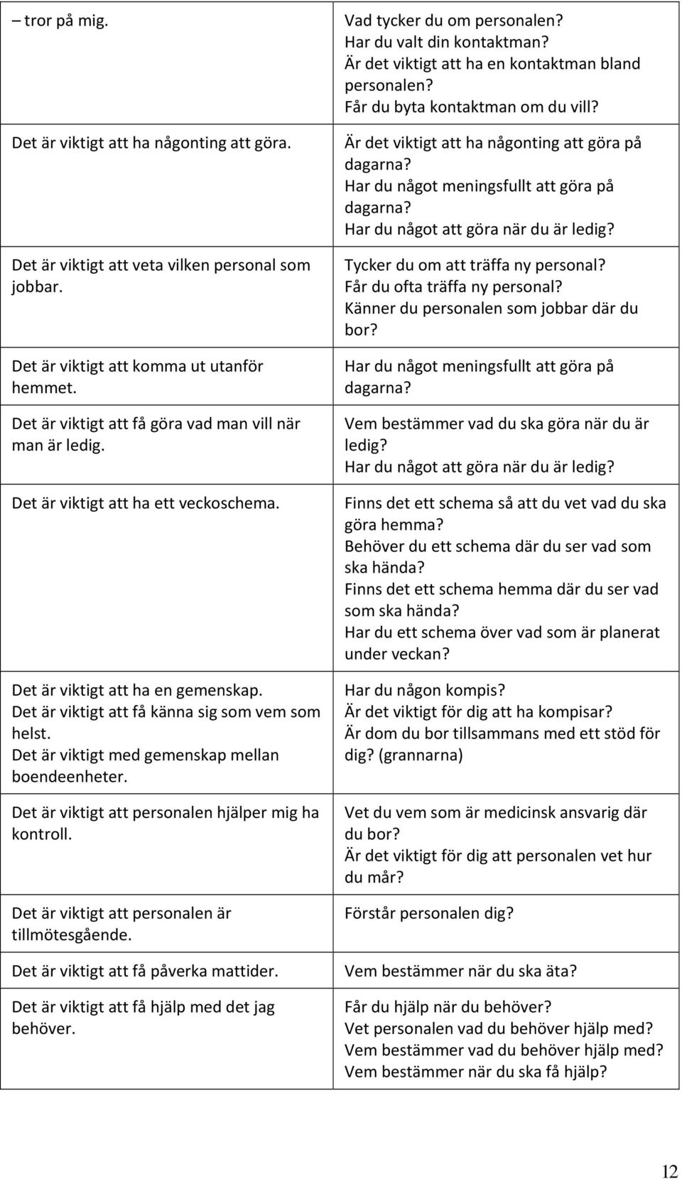 Det är viktigt att ha en gemenskap. Det är viktigt att få känna sig som vem som helst. Det är viktigt med gemenskap mellan boendeenheter. Det är viktigt att personalen hjälper mig ha kontroll.